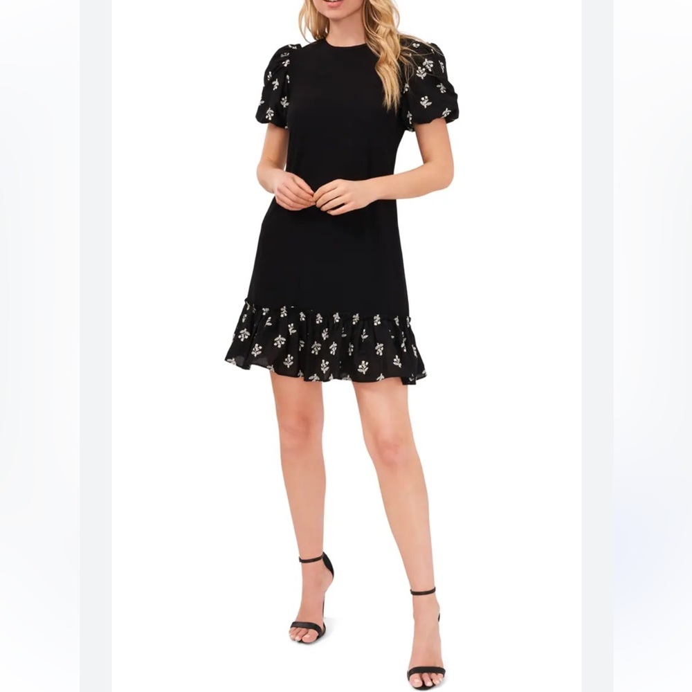 CeCe Black puff sleeve dress XL with White Floral embroidery